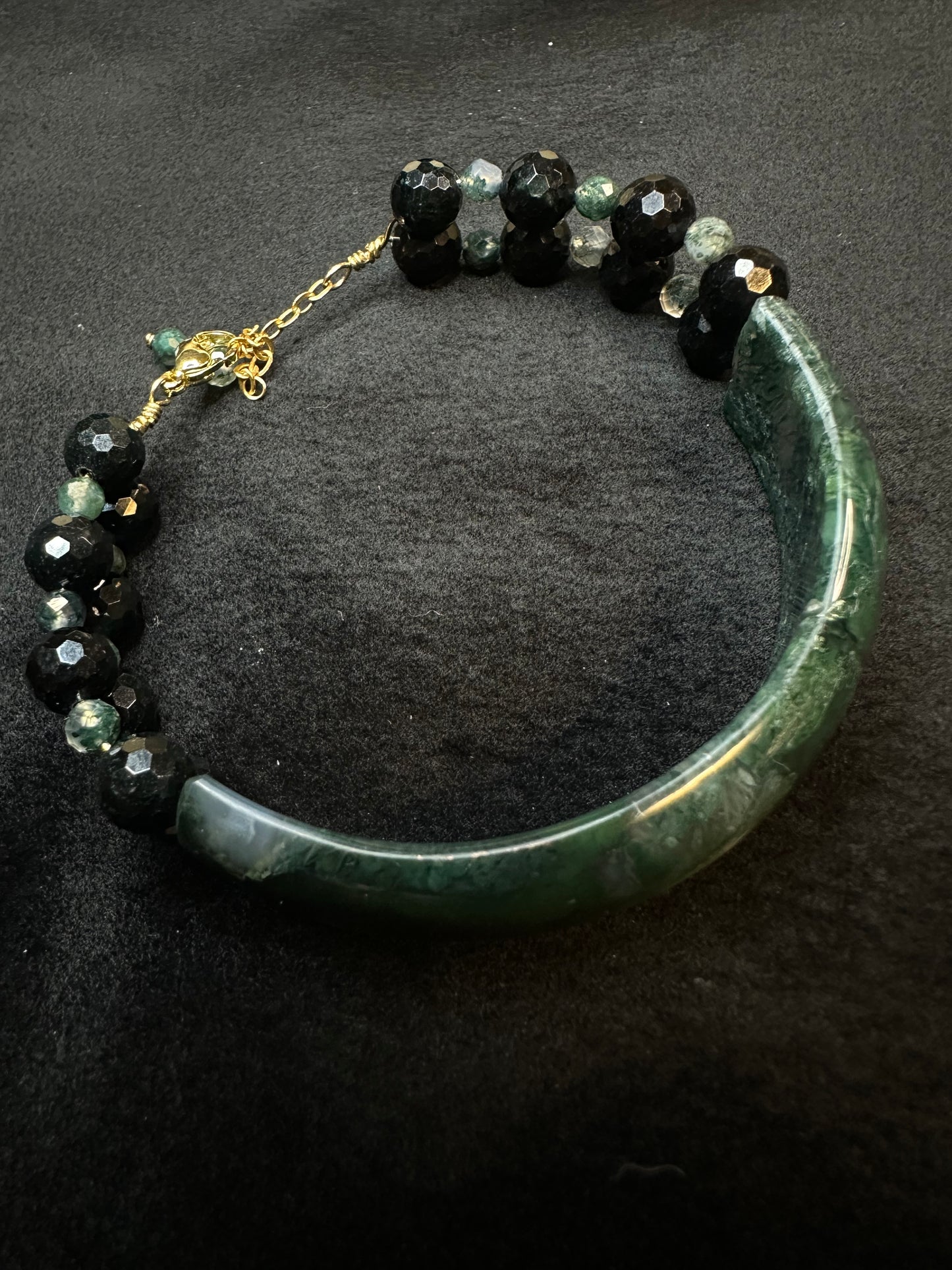 Moss Agate & Blk Jade Half Bangle