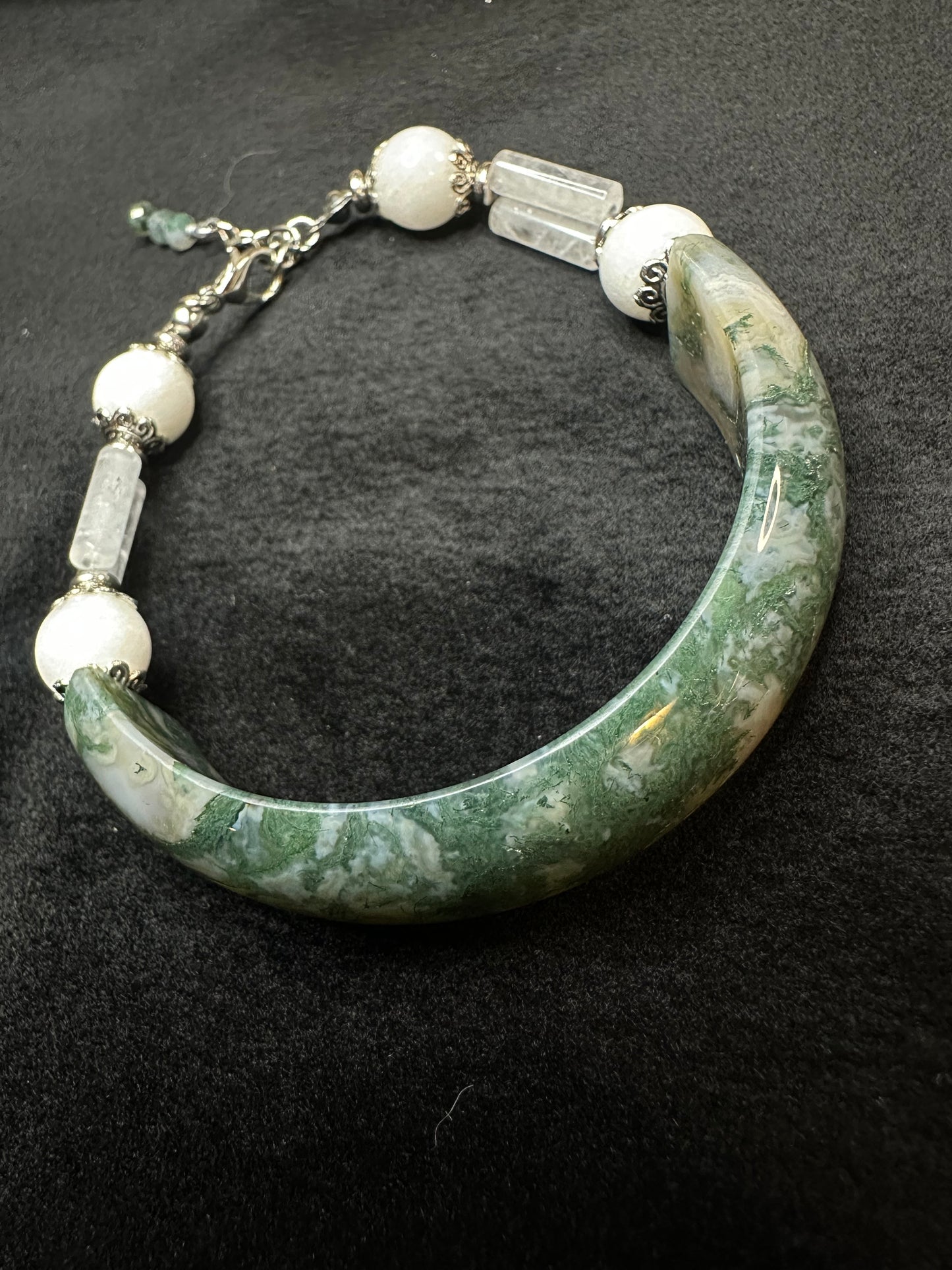 Moss Agate and Quartz Half Bangle